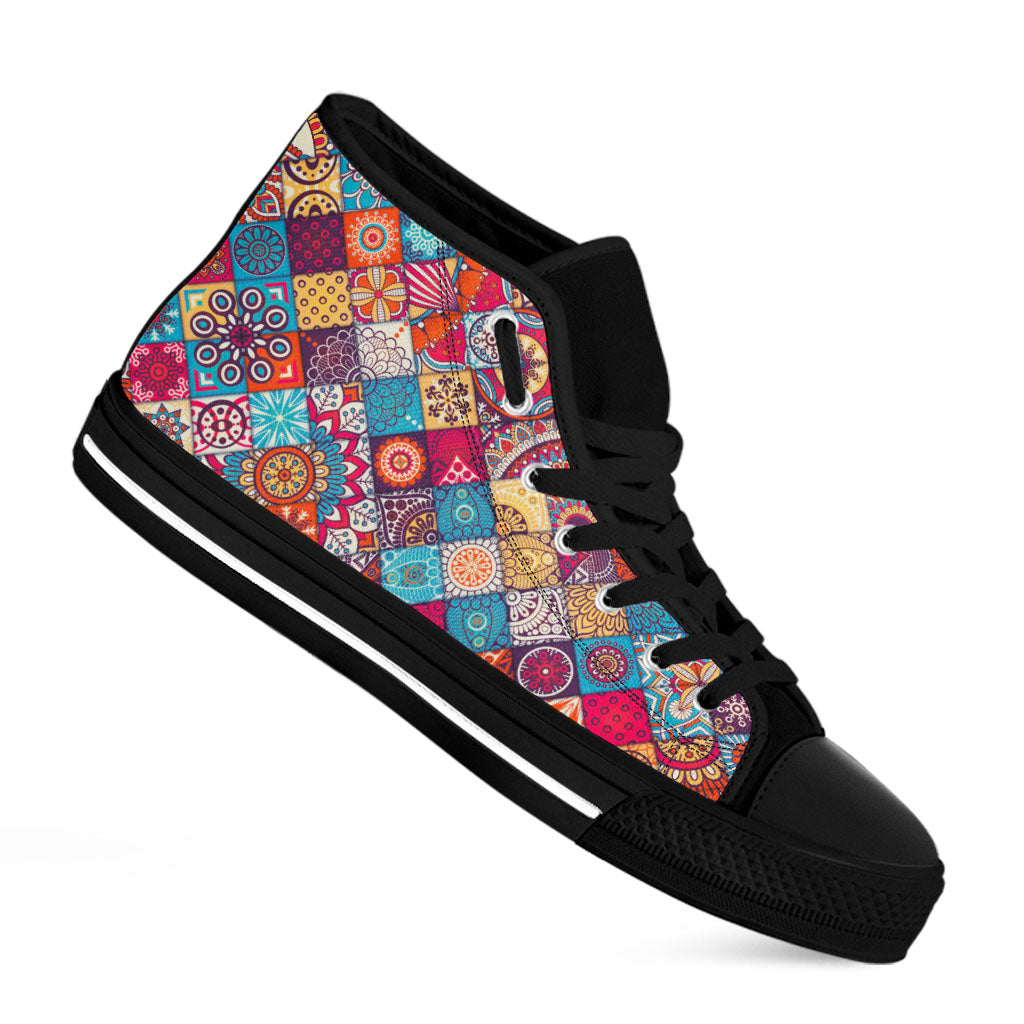 Ethnic Bohemian Mandala Pattern Print Black High Top Sneakers