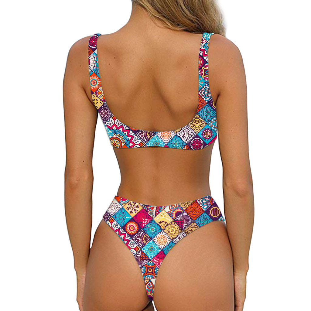 Ethnic Bohemian Mandala Pattern Print Front Bow Tie Bikini