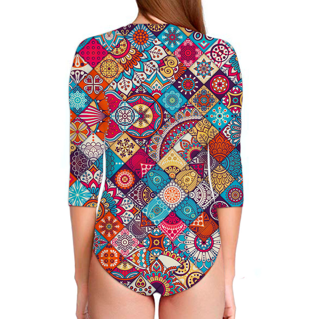 Ethnic Bohemian Mandala Pattern Print Long Sleeve Swimsuit