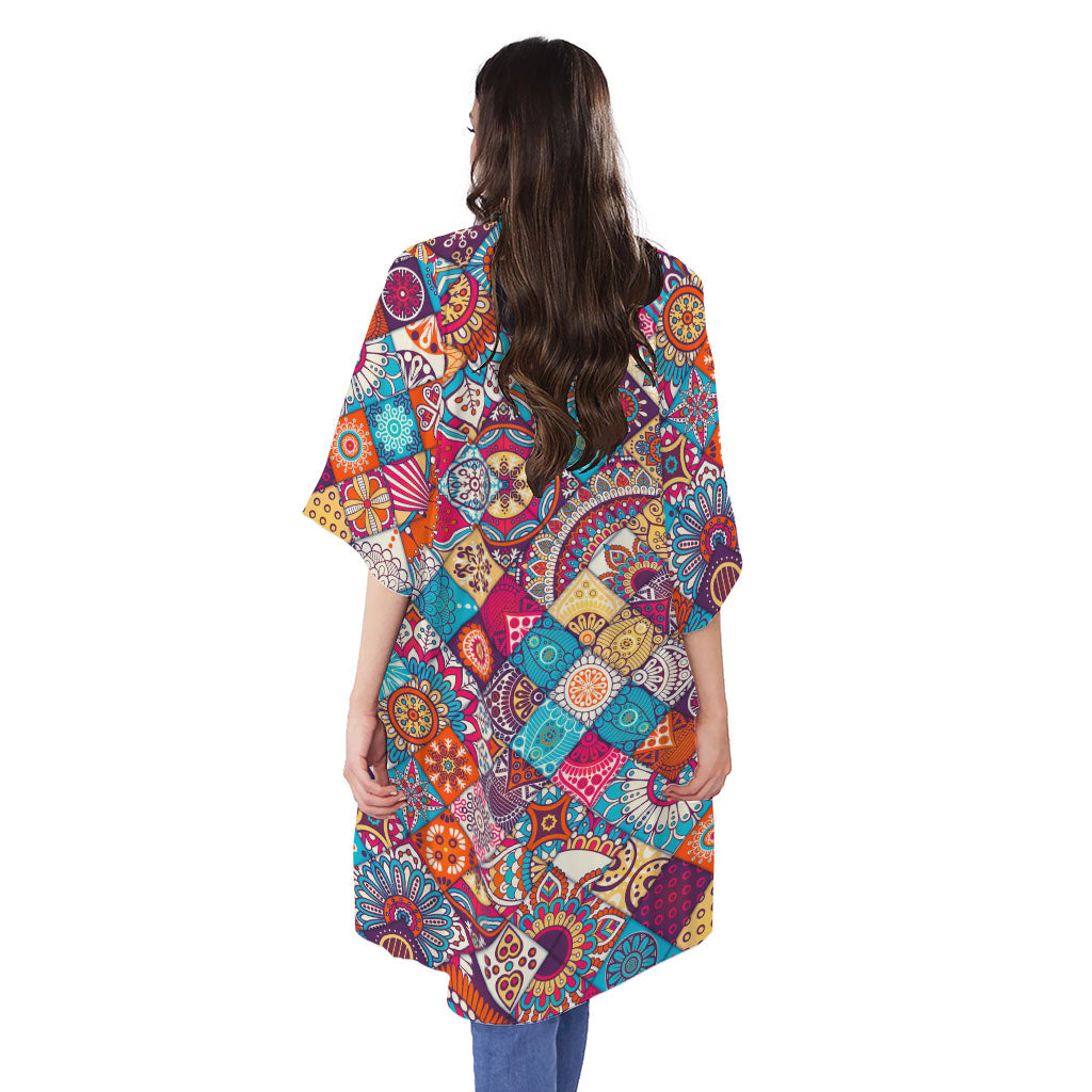 Ethnic Bohemian Mandala Pattern Print Open Front Beach Cover Up
