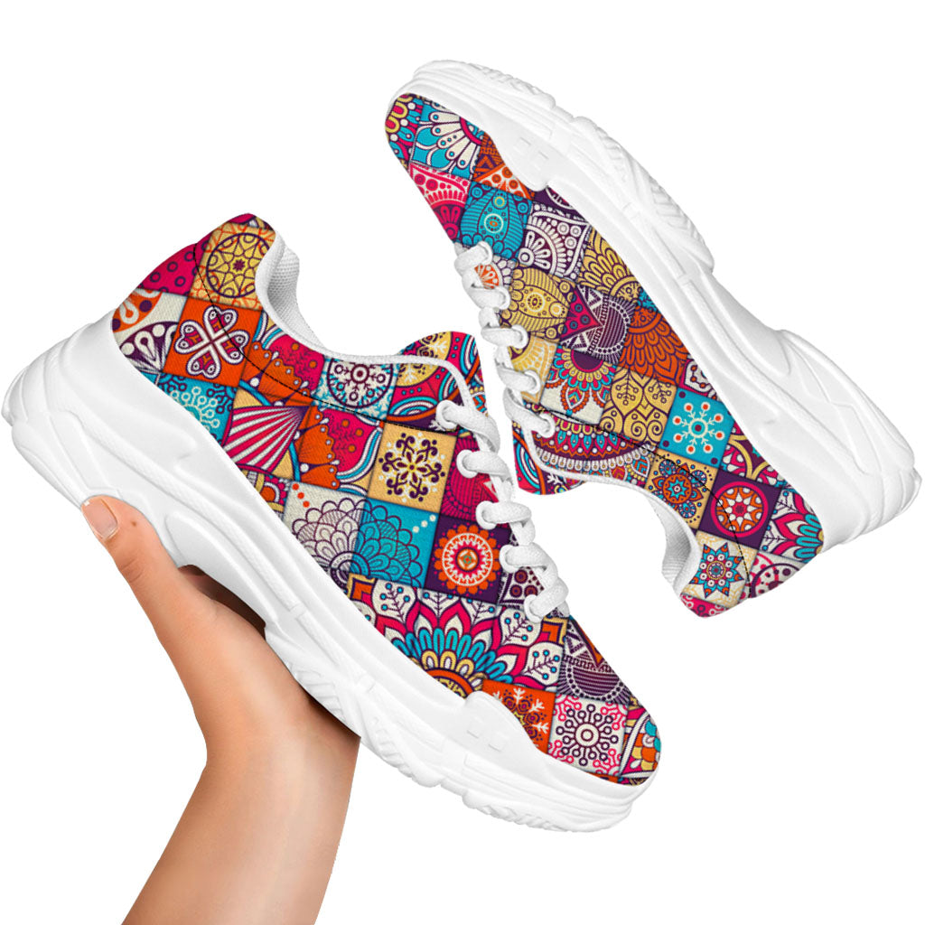 Ethnic Bohemian Mandala Pattern Print White Chunky Shoes