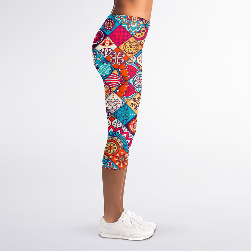 Ethnic Bohemian Mandala Pattern Print Women's Capri Leggings