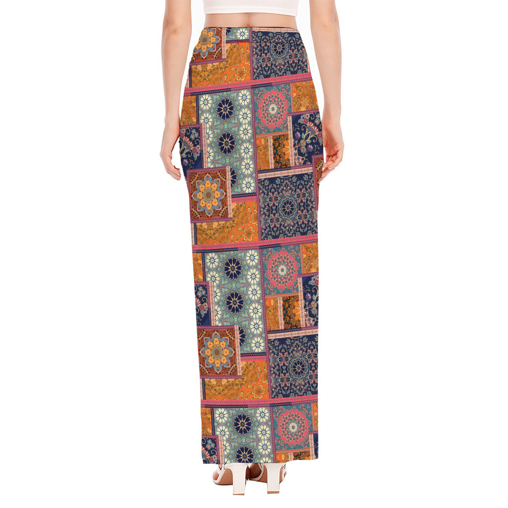 Ethnic Floral Patchwork Pattern Print High Slit Maxi Skirt