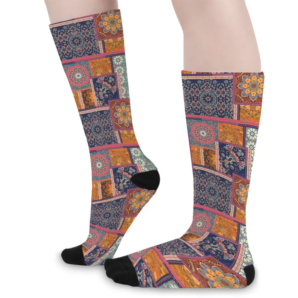 Ethnic Floral Patchwork Pattern Print Long Socks