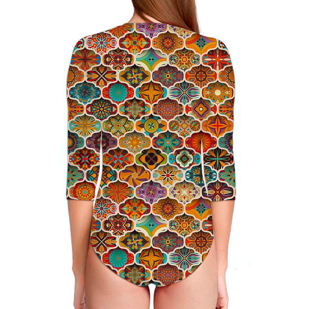 Ethnic Mandala Bohemian Pattern Print Long Sleeve Swimsuit
