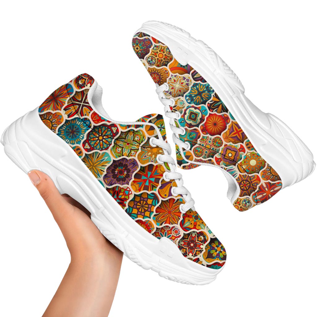 Ethnic Mandala Bohemian Pattern Print White Chunky Shoes