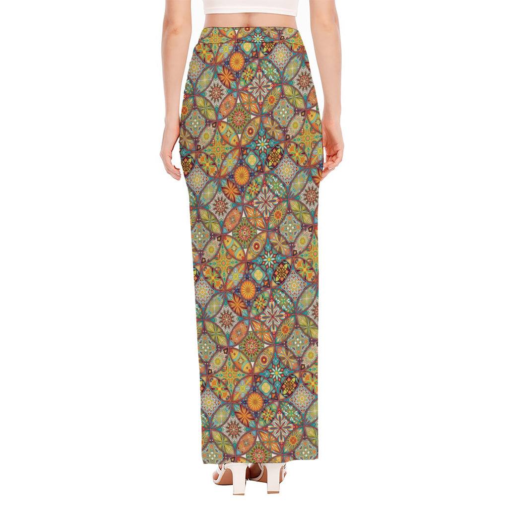 Ethnic Mandala Patchwork Pattern Print High Slit Maxi Skirt