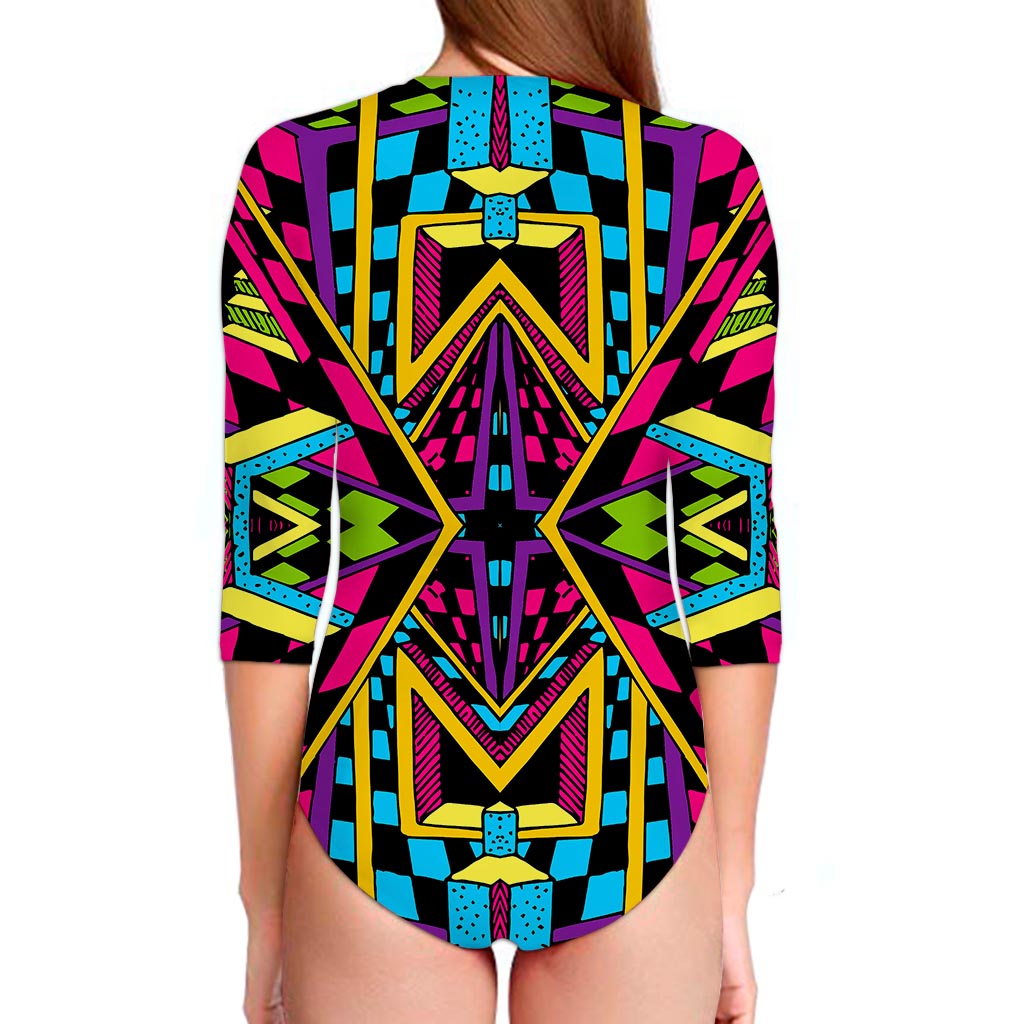 Ethnic Psychedelic Trippy Print Long Sleeve Swimsuit