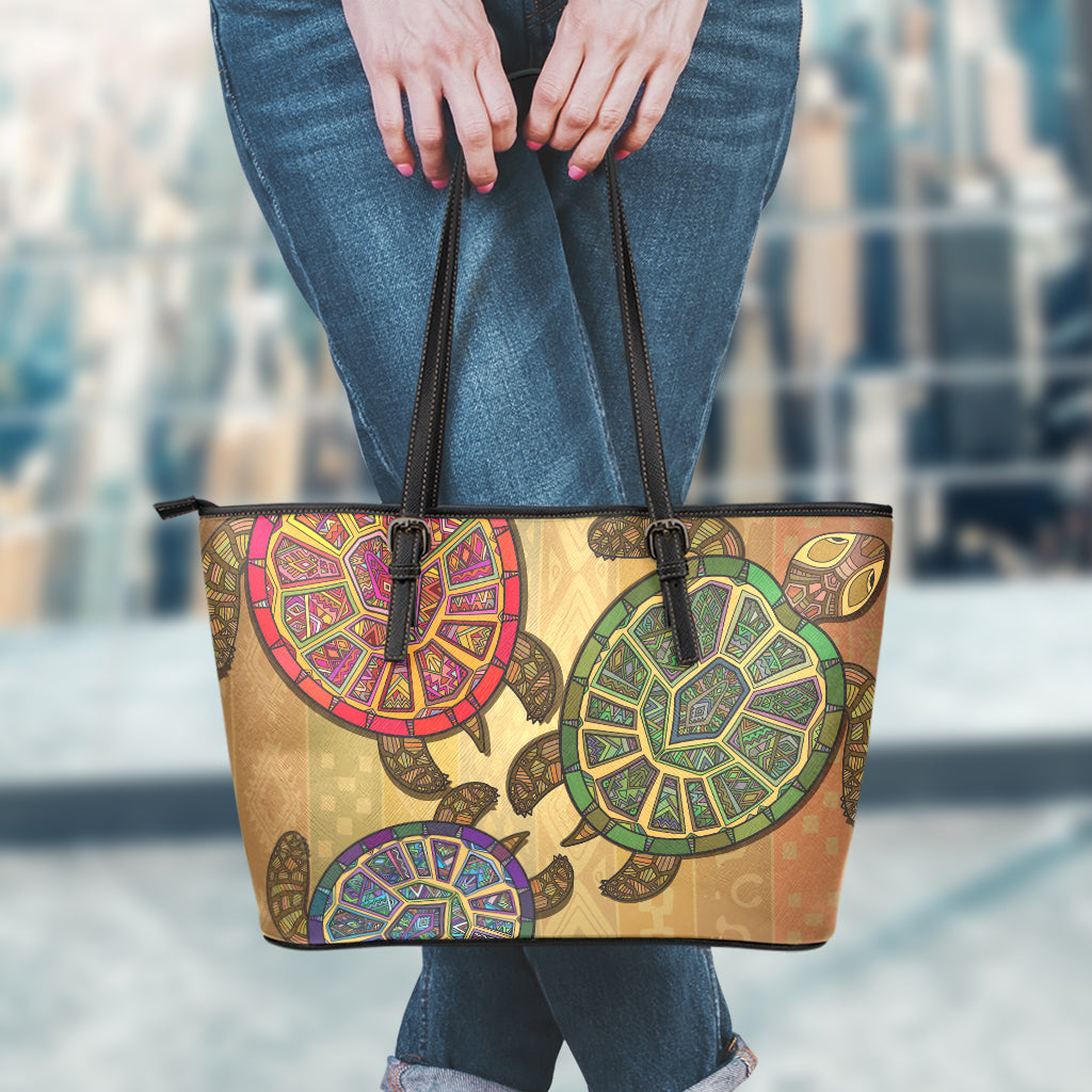 Ethnic Sea Turtles Print Leather Tote Bag