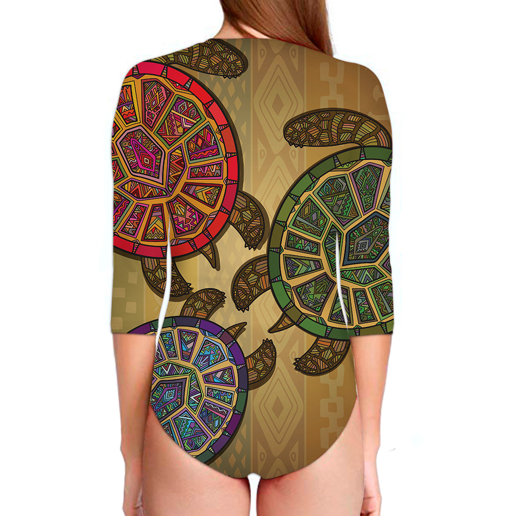 Ethnic Sea Turtles Print Long Sleeve Swimsuit