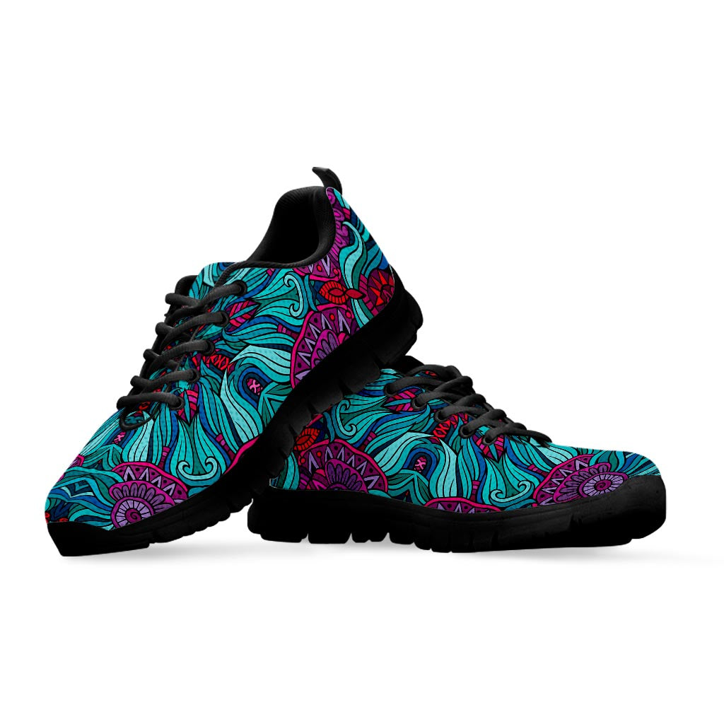 Ethnic Teal Bohemian Pattern Print Black Running Shoes