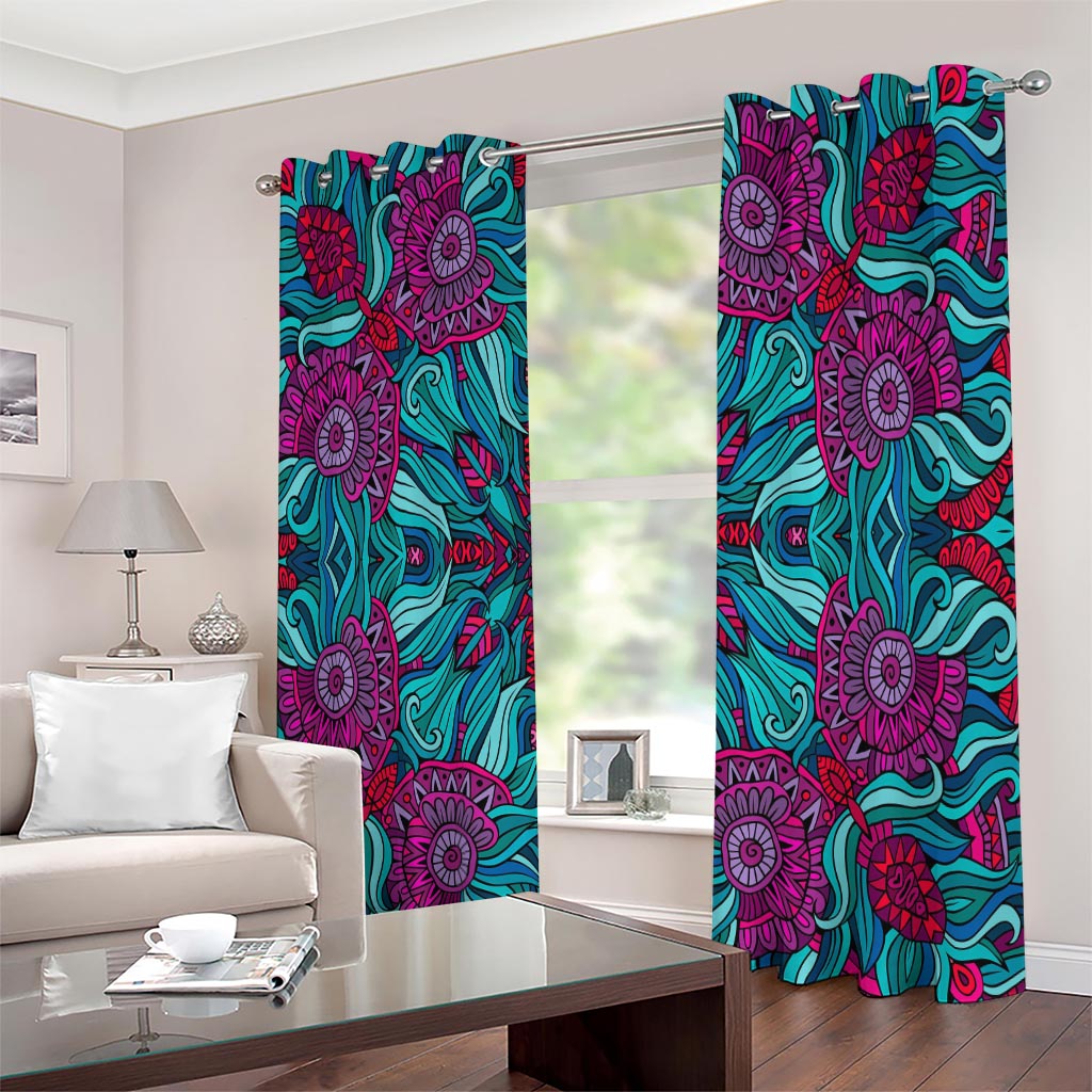 Ethnic Teal Bohemian Pattern Print Extra Wide Grommet Curtains