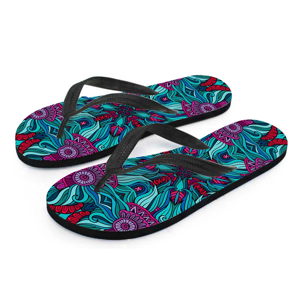 Ethnic Teal Bohemian Pattern Print Flip Flops