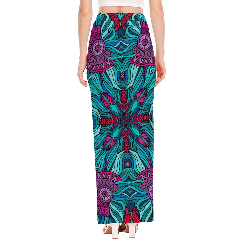 Ethnic Teal Bohemian Pattern Print High Slit Maxi Skirt