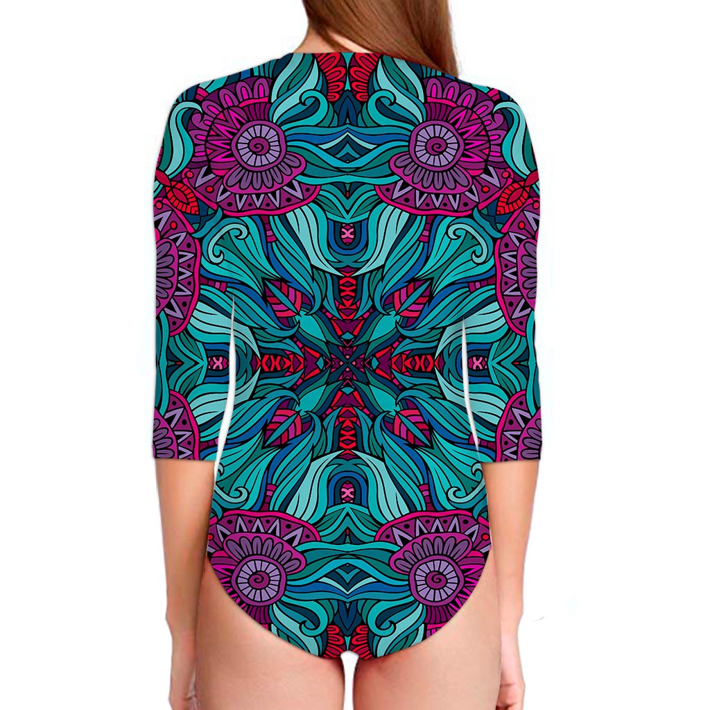 Ethnic Teal Bohemian Pattern Print Long Sleeve Swimsuit