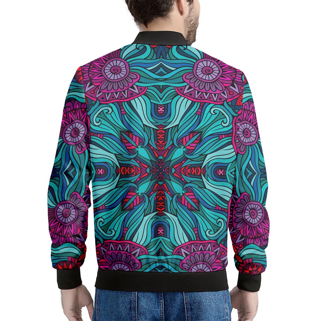 Ethnic Teal Bohemian Pattern Print Men's Bomber Jacket