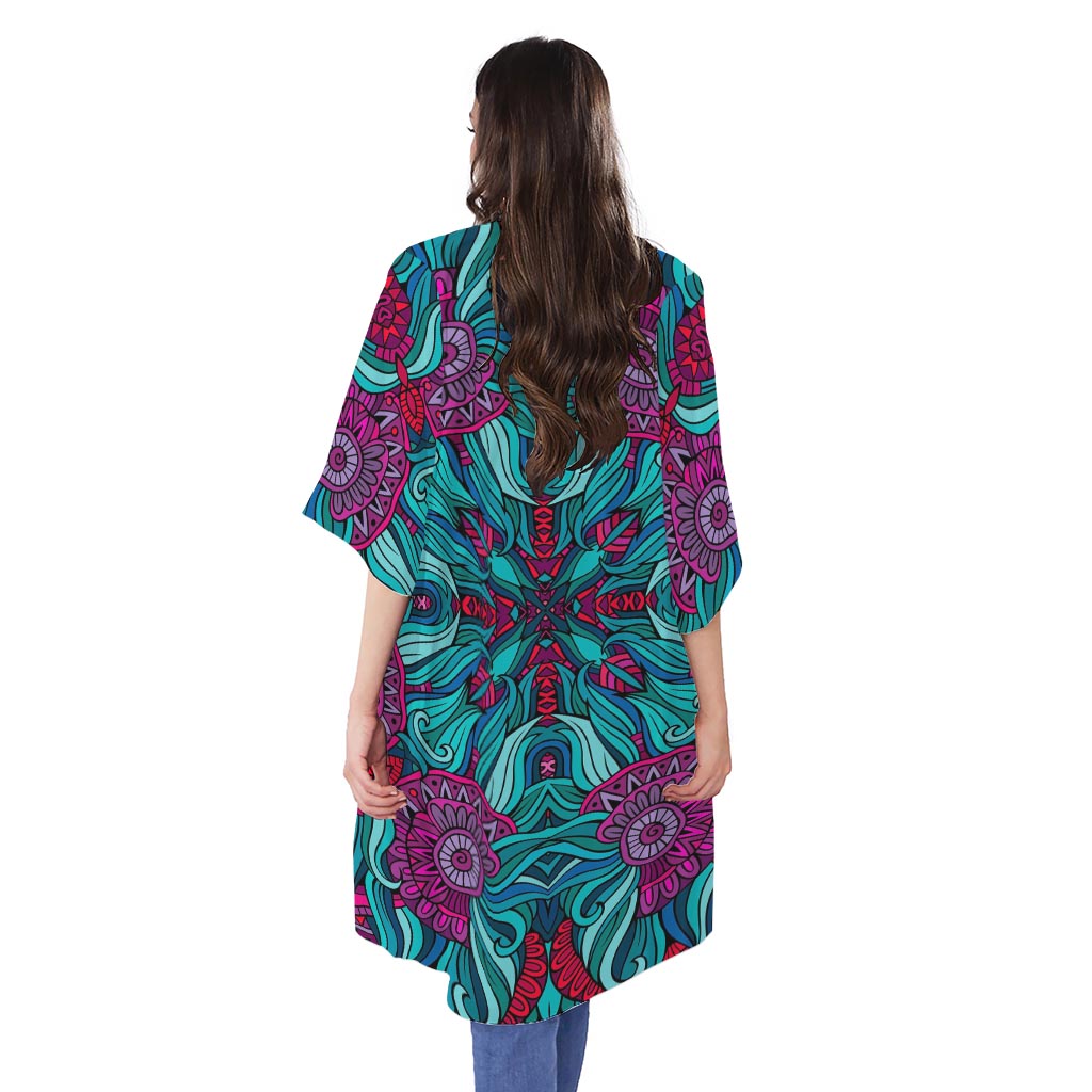 Ethnic Teal Bohemian Pattern Print Open Front Beach Cover Up
