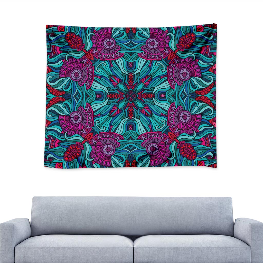 Ethnic Teal Bohemian Pattern Print Tapestry