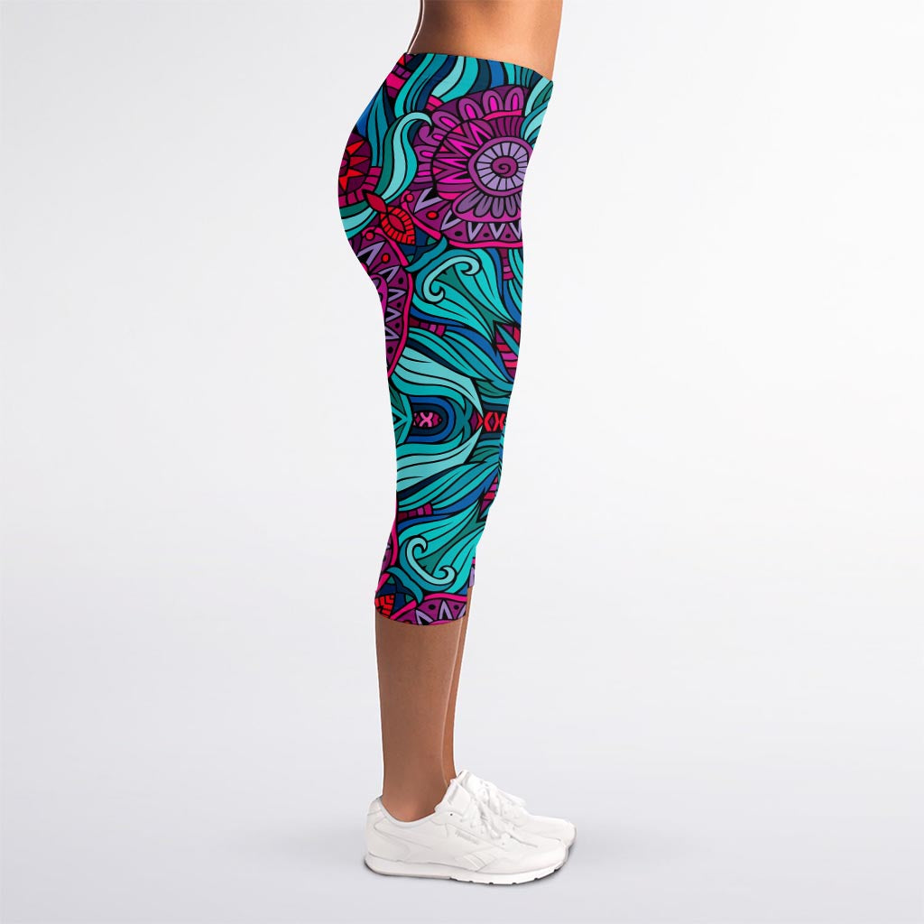 Ethnic Teal Bohemian Pattern Print Women's Capri Leggings