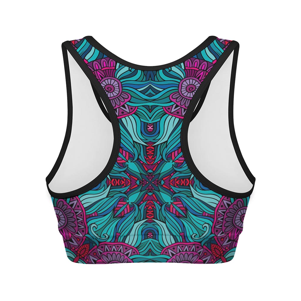 Ethnic Teal Bohemian Pattern Print Women's Sports Bra