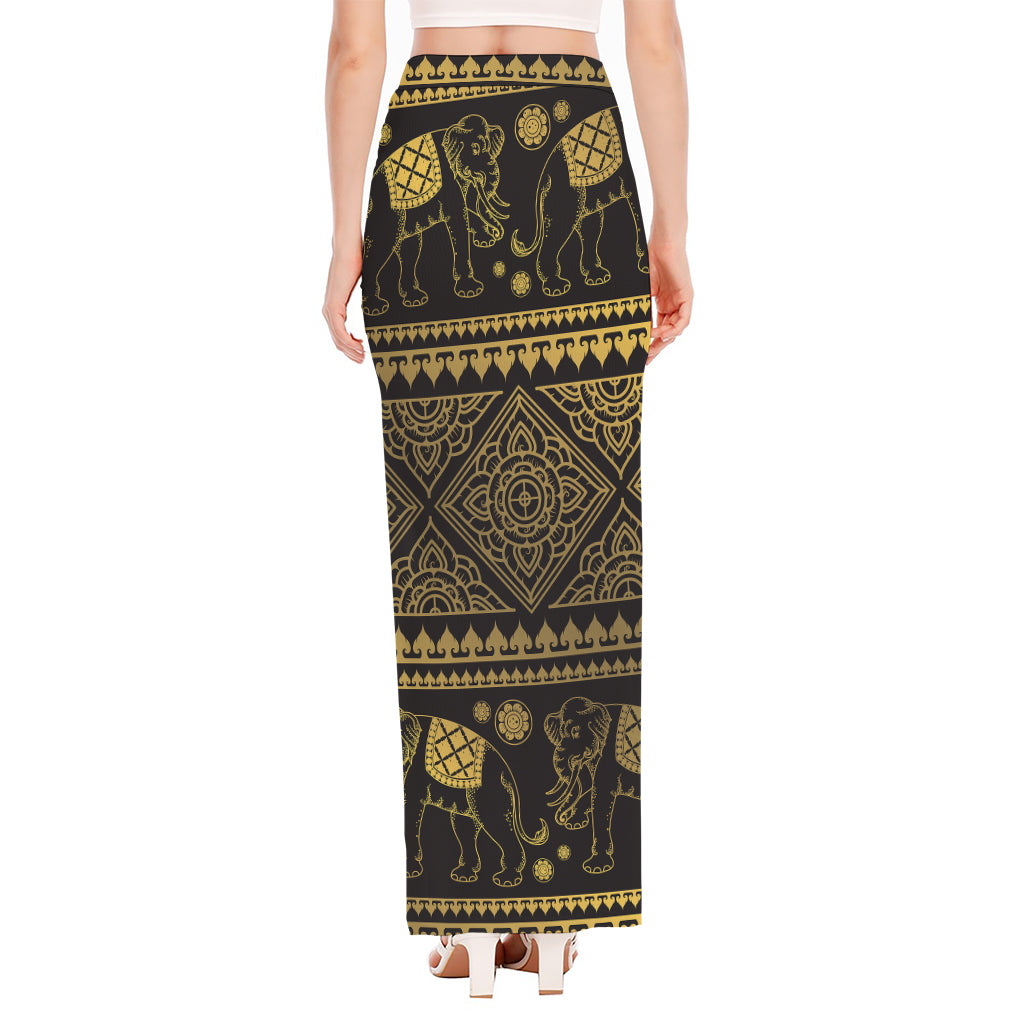 Ethnic Thai Elephant Pattern Print High Slit Maxi Skirt
