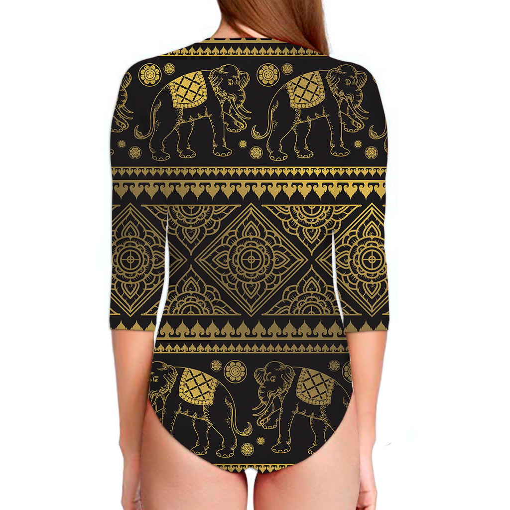 Ethnic Thai Elephant Pattern Print Long Sleeve Swimsuit