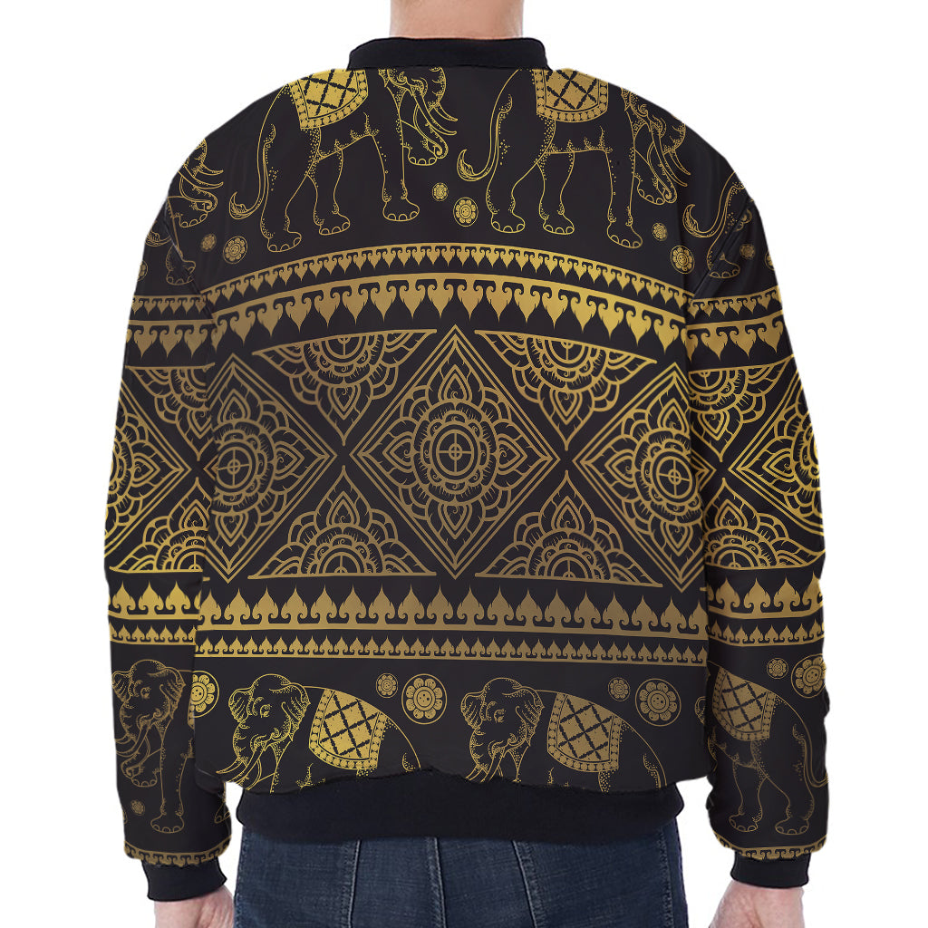 Ethnic Thai Elephant Pattern Print Zip Sleeve Bomber Jacket