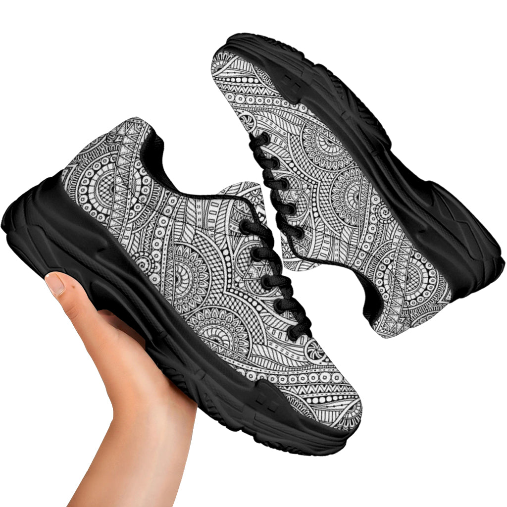 Ethnic Zentangle Pattern Print Black Chunky Shoes