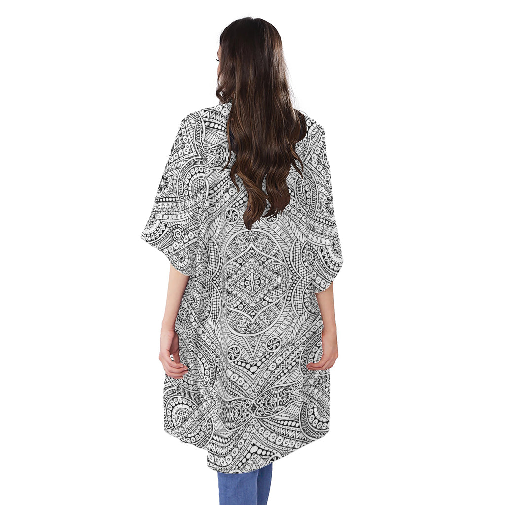 Ethnic Zentangle Pattern Print Open Front Beach Cover Up