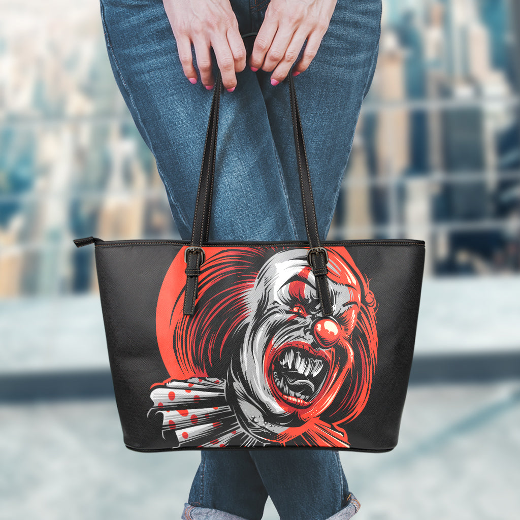 Evil Clown Print Leather Tote Bag