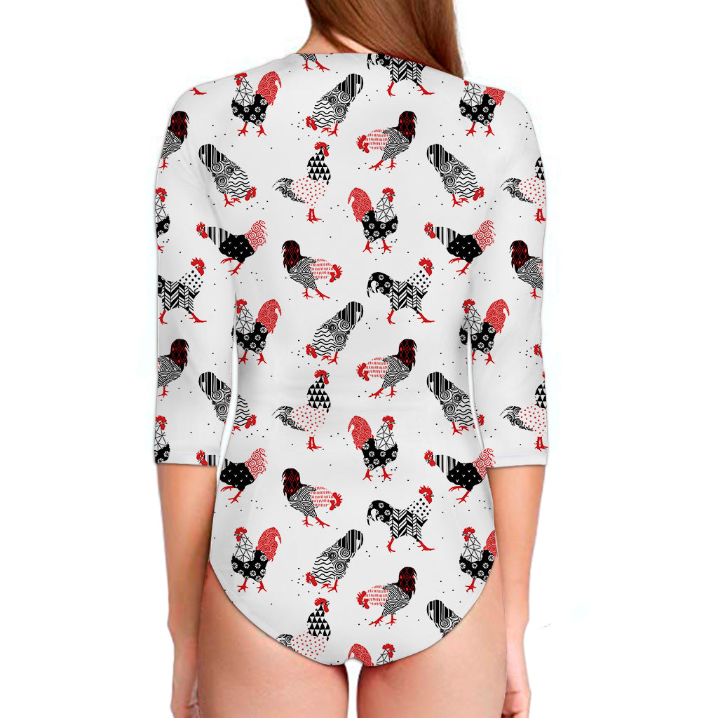 Exotic Chicken Pattern Print Long Sleeve Swimsuit