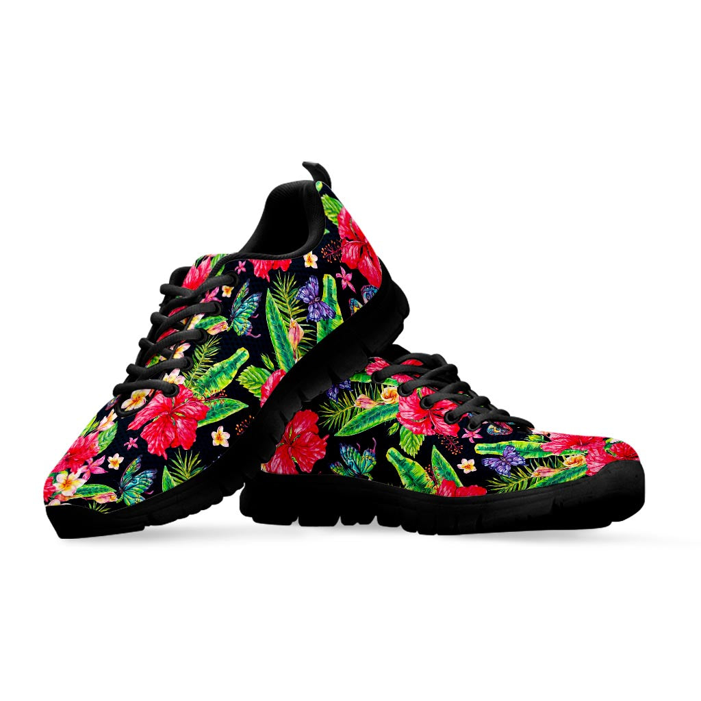 Exotic Hibiscus Flowers Pattern Print Black Running Shoes