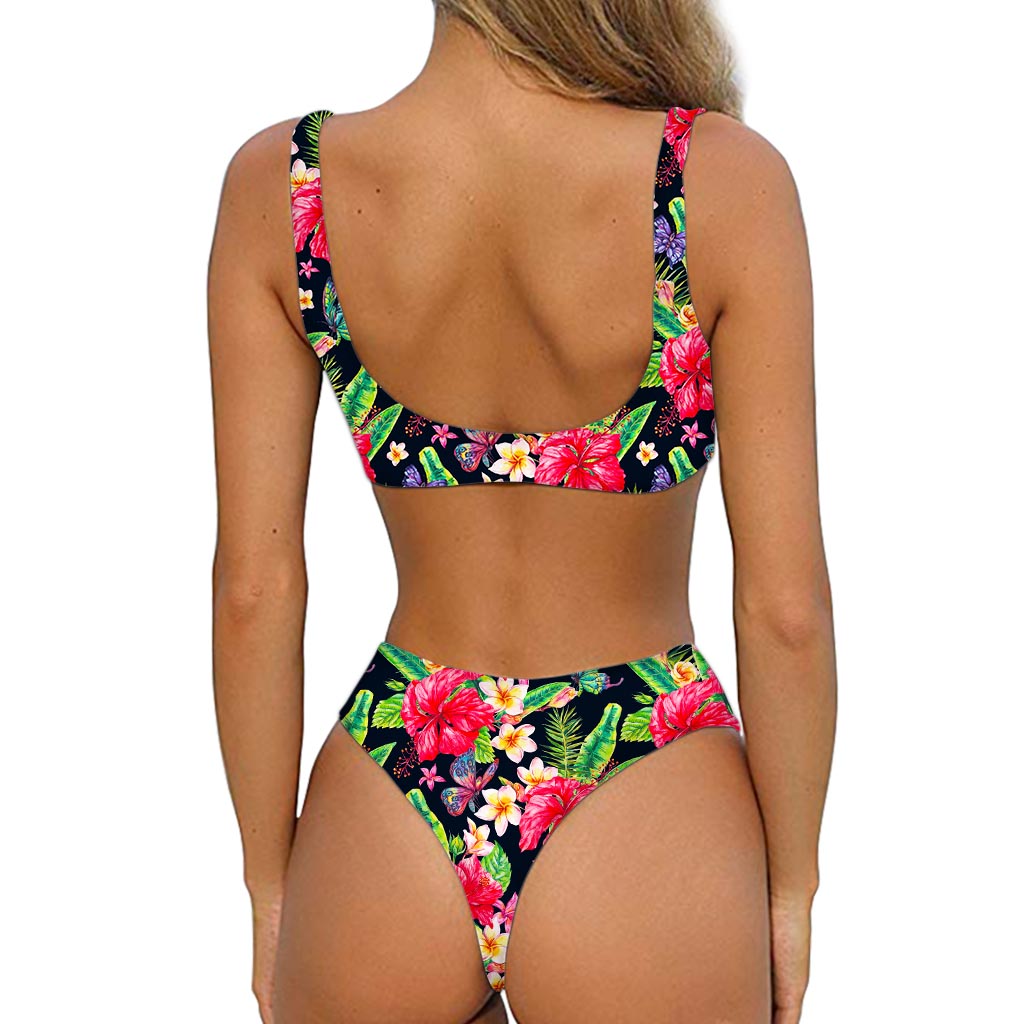 Exotic Hibiscus Flowers Pattern Print Front Bow Tie Bikini