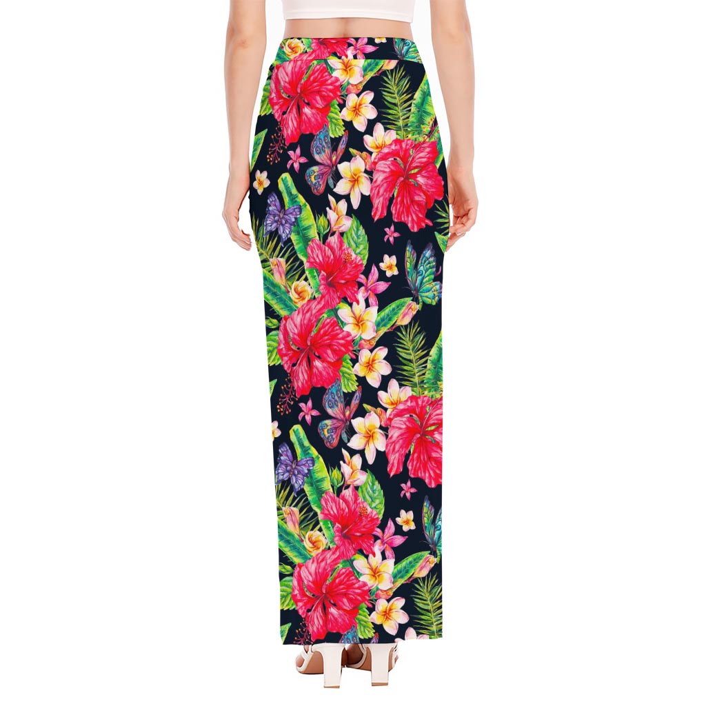 Exotic Hibiscus Flowers Pattern Print High Slit Maxi Skirt