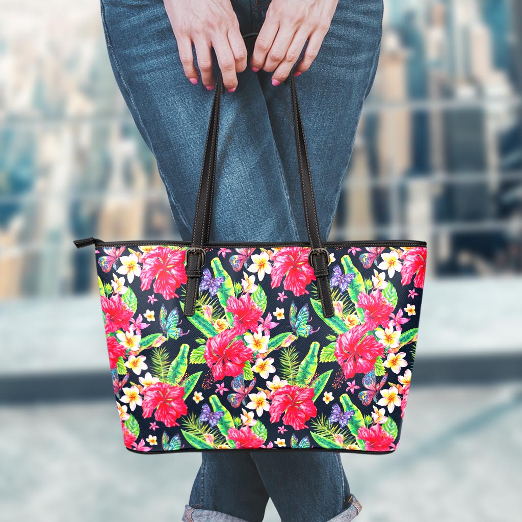 Exotic Hibiscus Flowers Pattern Print Leather Tote Bag