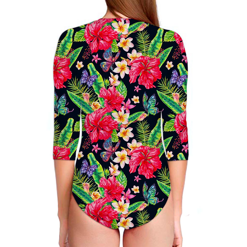 Exotic Hibiscus Flowers Pattern Print Long Sleeve Swimsuit