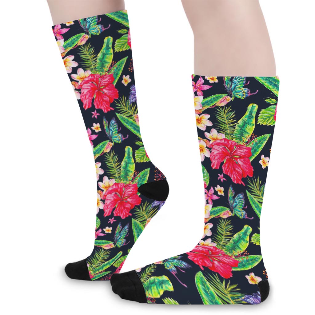 Exotic Hibiscus Flowers Pattern Print Long Socks