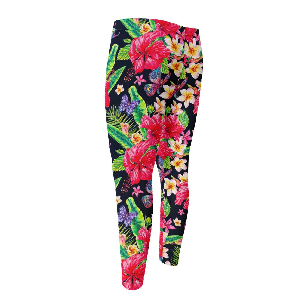 Exotic Hibiscus Flowers Pattern Print Men's Compression Pants