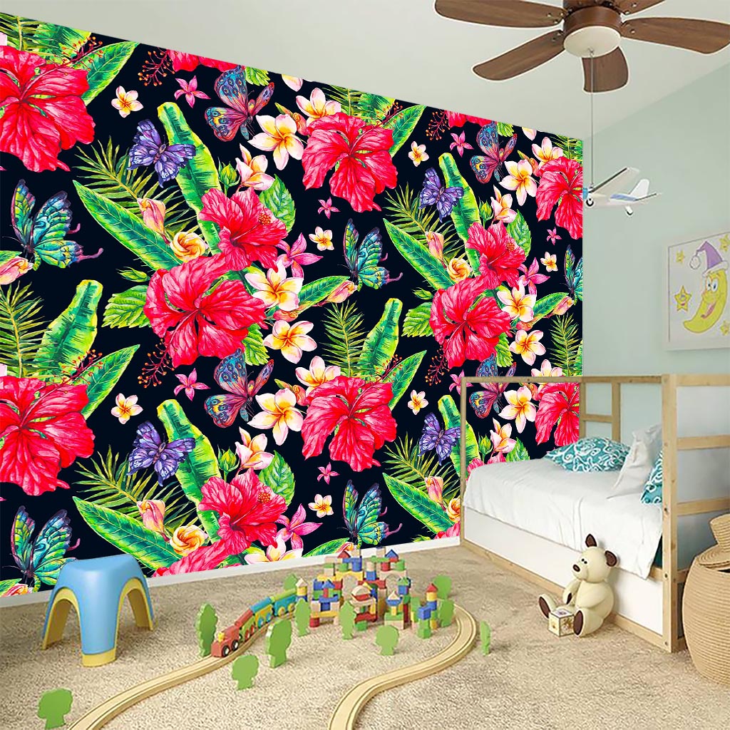 Exotic Hibiscus Flowers Pattern Print Wall Sticker