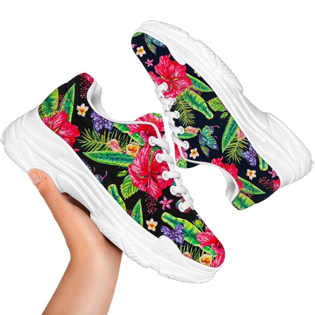 Exotic Hibiscus Flowers Pattern Print White Chunky Shoes