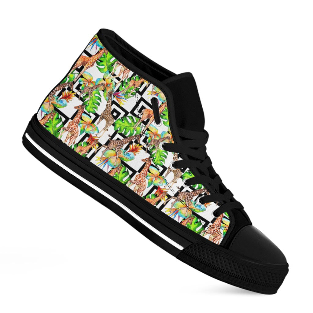 Exotic Tropical Giraffe Pattern Print Black High Top Sneakers