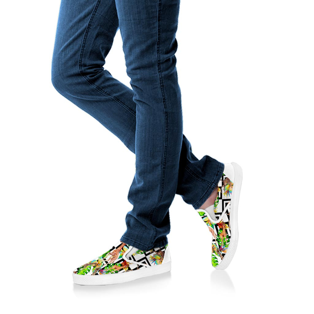 Exotic Tropical Giraffe Pattern Print White Slip On Sneakers