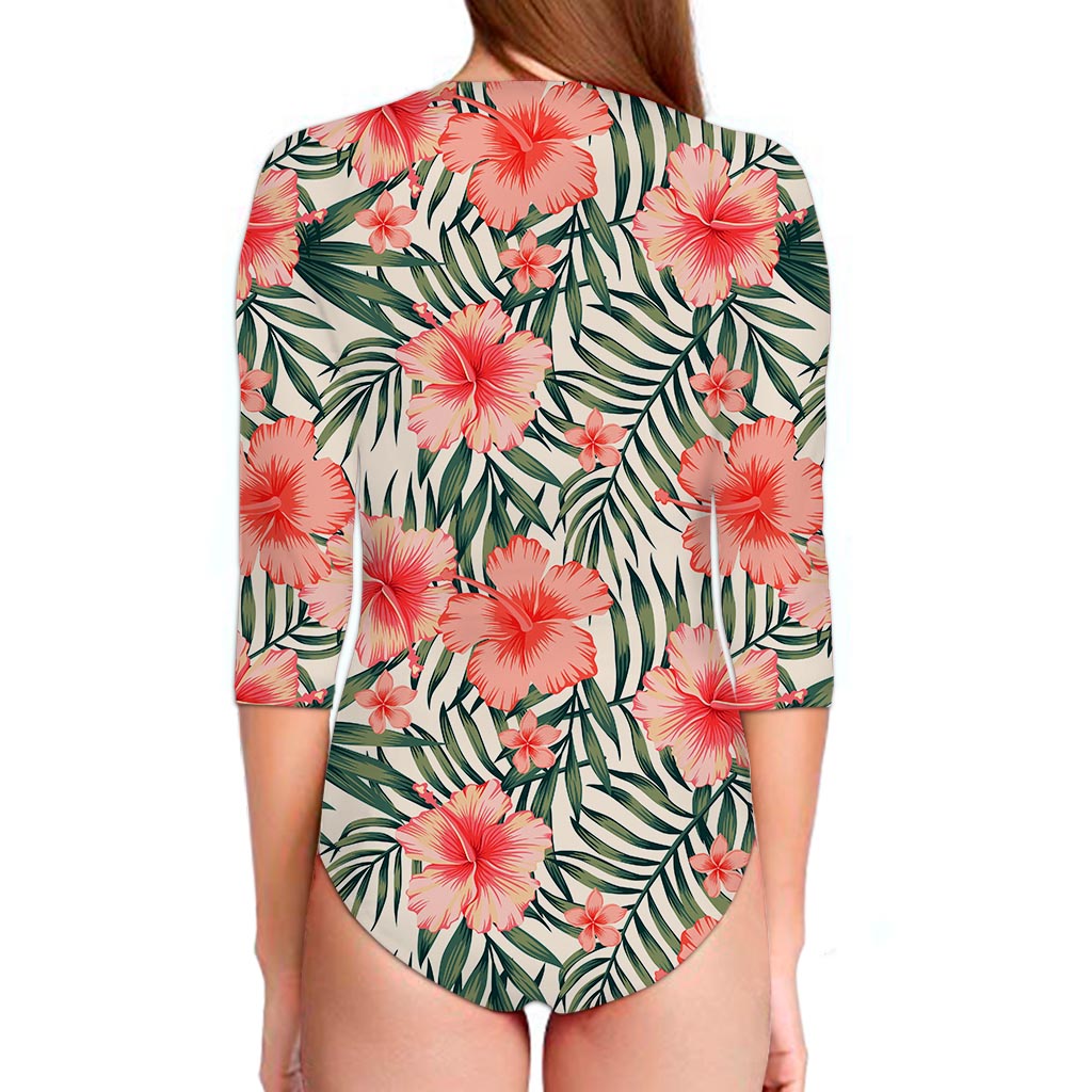 Exotic Tropical Hibiscus Pattern Print Long Sleeve Swimsuit