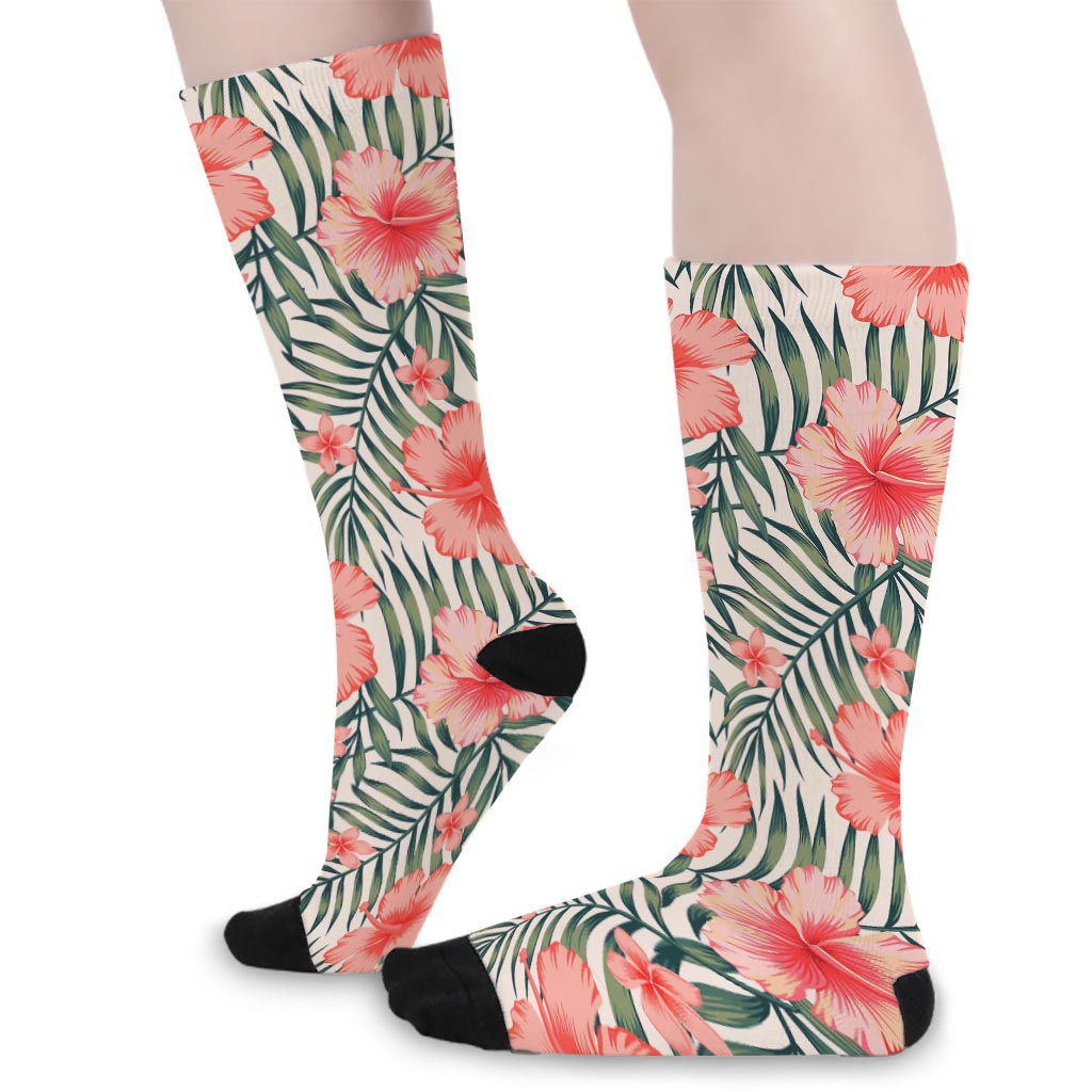 Exotic Tropical Hibiscus Pattern Print Long Socks