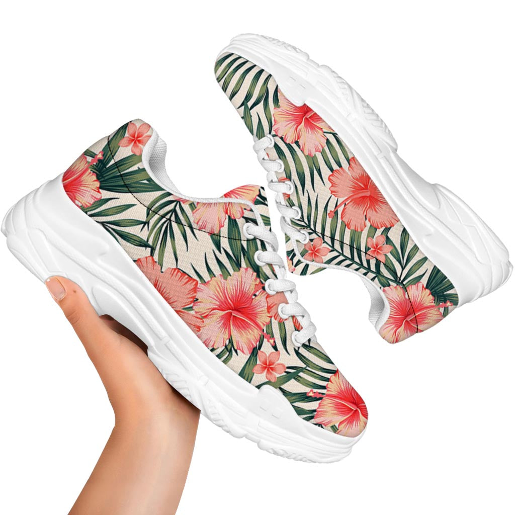 Exotic Tropical Hibiscus Pattern Print White Chunky Shoes