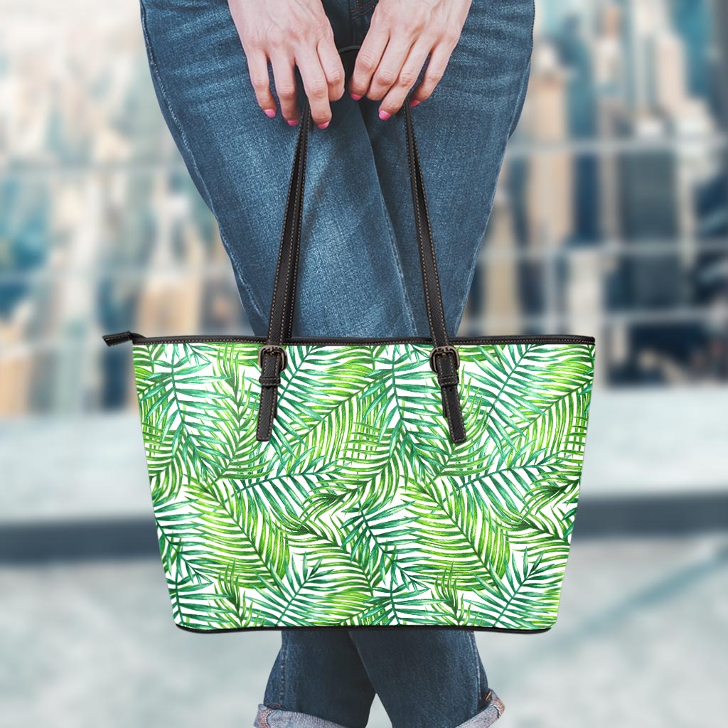 Exotic Tropical Leaf Pattern Print Leather Tote Bag