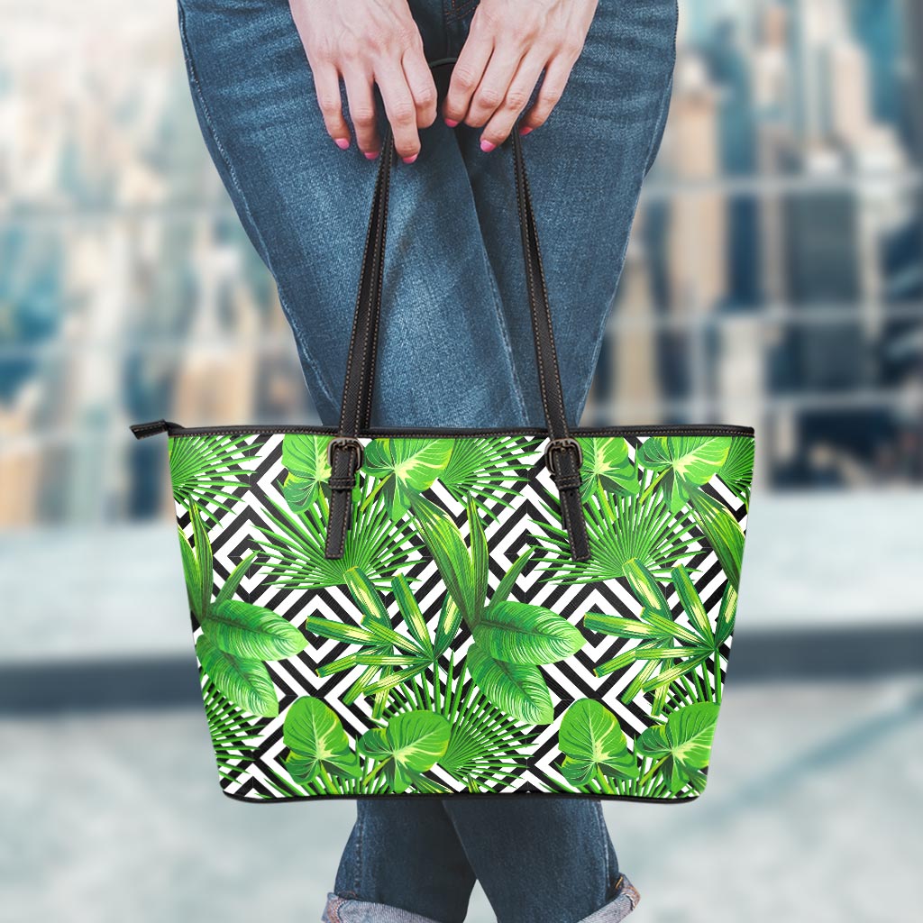 Exotic Tropical Leaves Pattern Print Leather Tote Bag