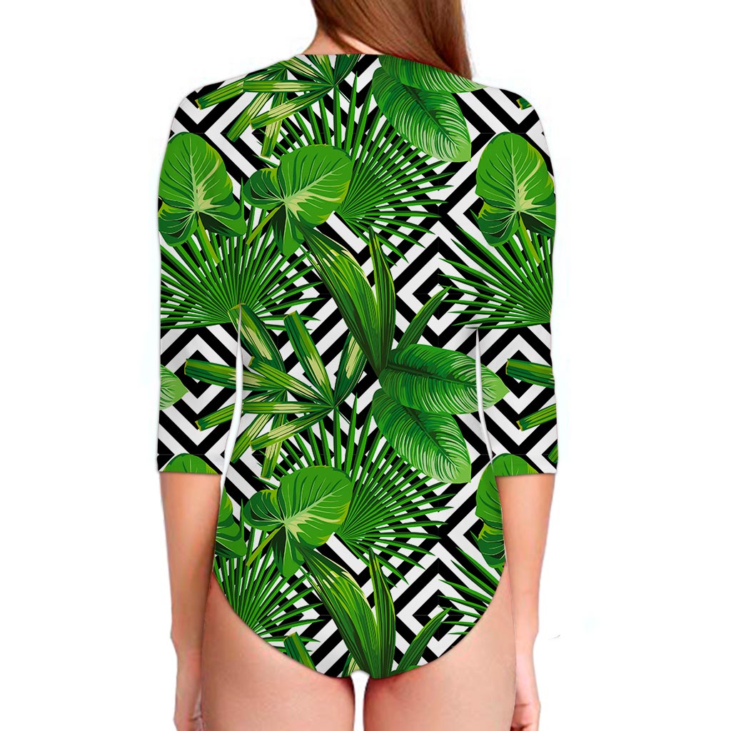 Exotic Tropical Leaves Pattern Print Long Sleeve Swimsuit
