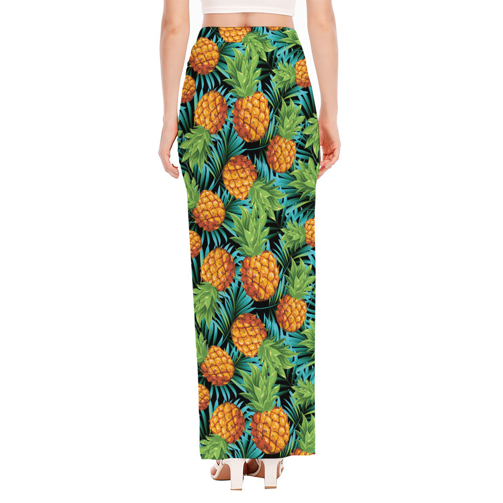 Exotic Tropical Pineapple Pattern Print High Slit Maxi Skirt