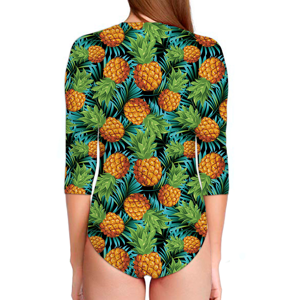 Exotic Tropical Pineapple Pattern Print Long Sleeve Swimsuit